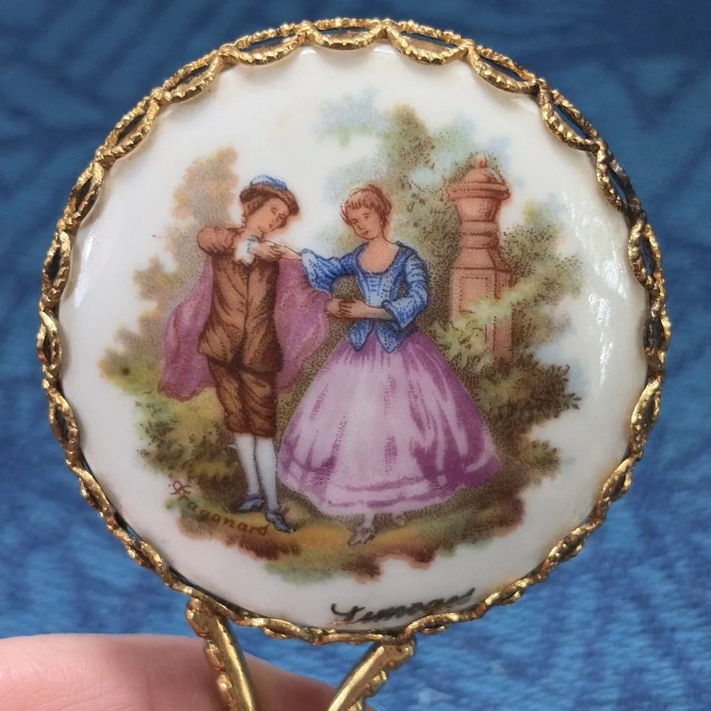 Vtg Limoges Mirror Handheld Porcelain Signed Fragonard for Purse 4.25